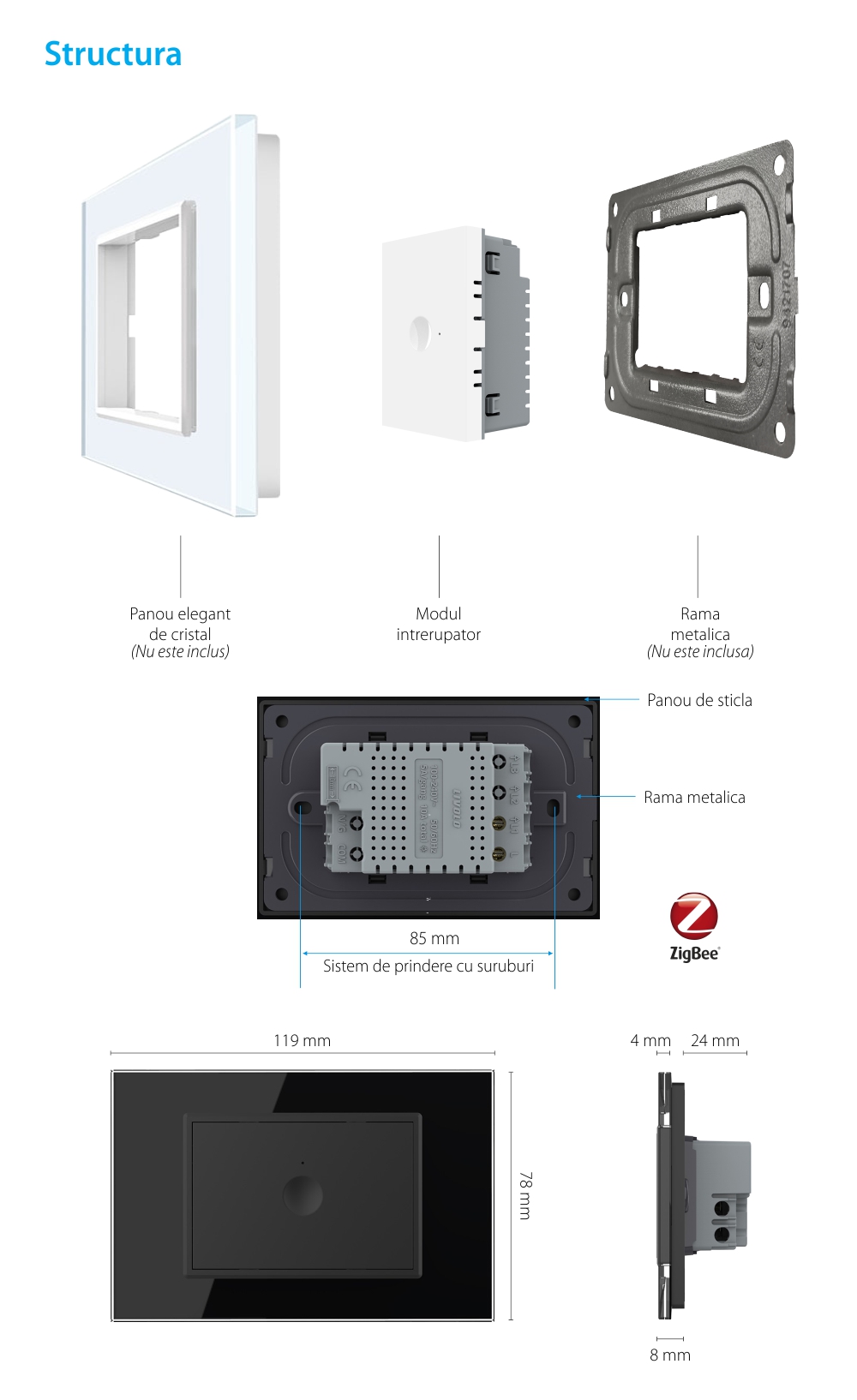 Modul intrerupator simplu cu touch Livolo, protocol ZigBee, standard Italian – Serie noua