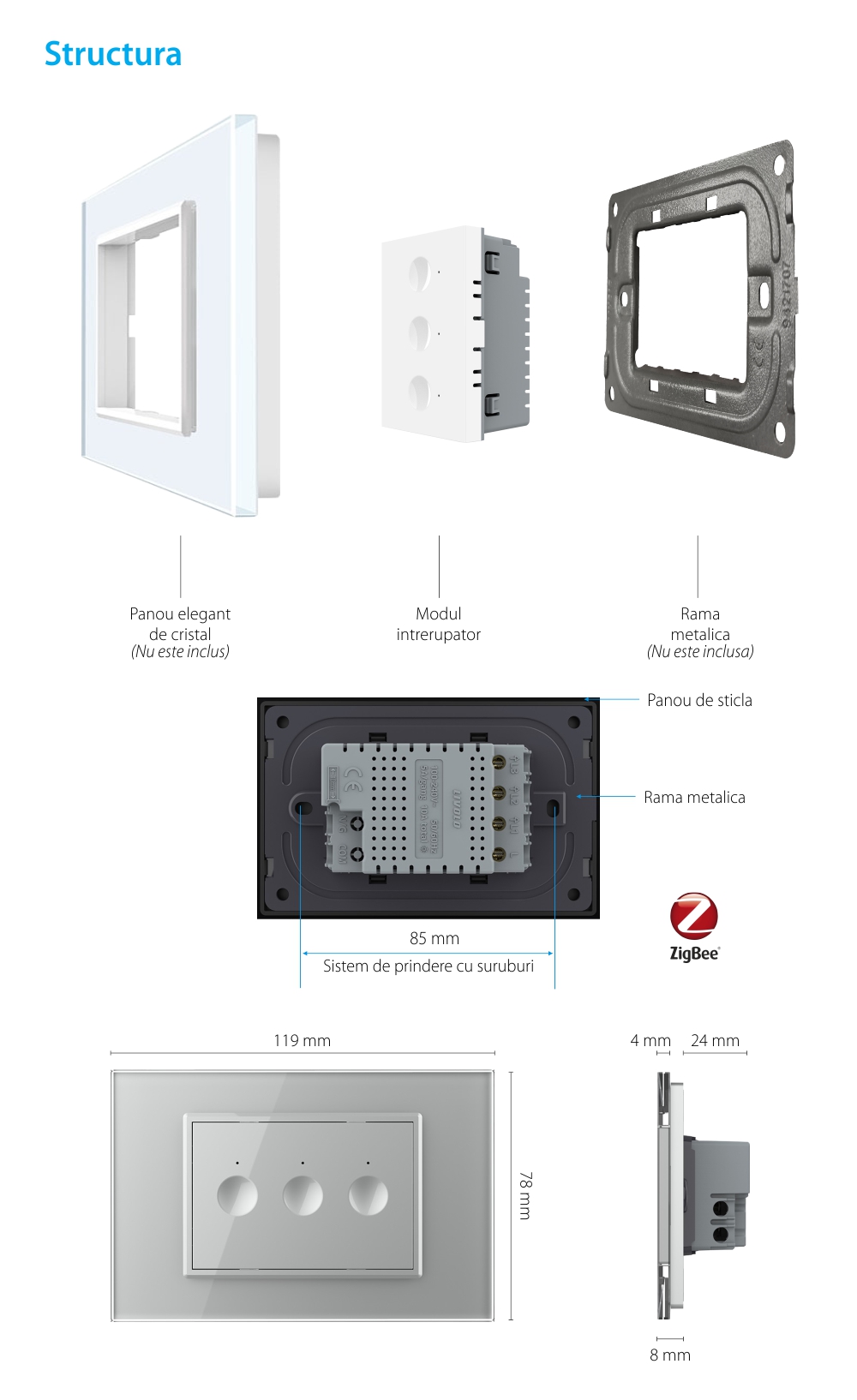 Modul intrerupator triplu cu touch Livolos, protocol ZigBee, standard Italian, Serie noua