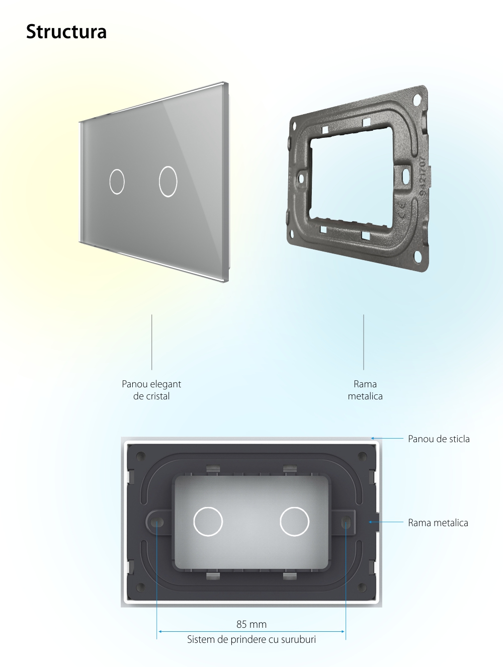 Panou intrerupator dublu cu touch Livolo din sticla, standard Italian – Serie noua