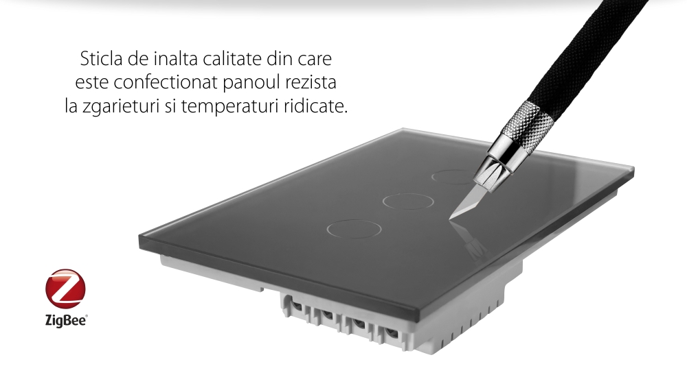 Intrerupator triplu cu touch Livolo din sticla, standard Italian, protocol ZigBee – Serie noua