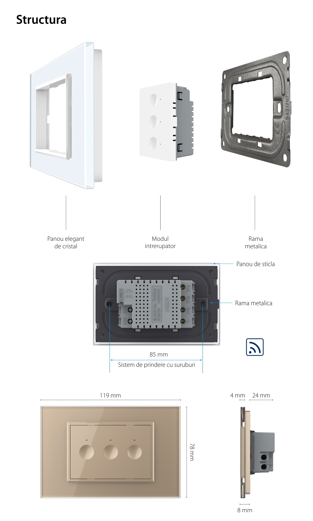 Intrerupator triplu wireless cu touch Livolo cu rama din sticla, standard Italian – Serie noua