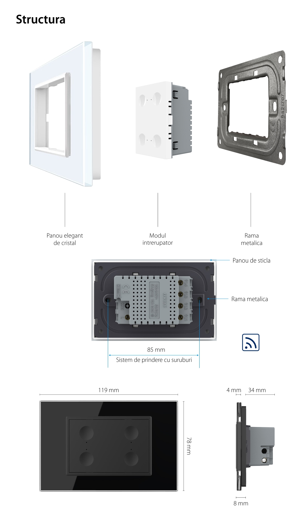 Intrerupator cvadruplu wireless cu touch Livolo cu rama din sticla, standard Italian – Serie noua