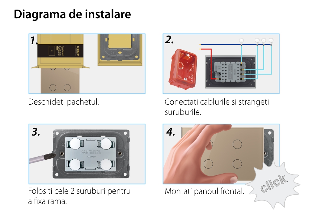 Panou intrerupator cvadruplu cu touch Livolo din sticla, standard Italian – Serie noua