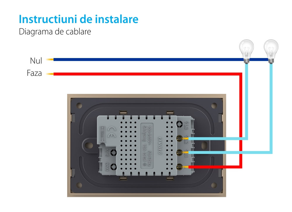 Intrerupator dublu cu touch Livolo cu rama din sticla, standard Italian – Serie noua