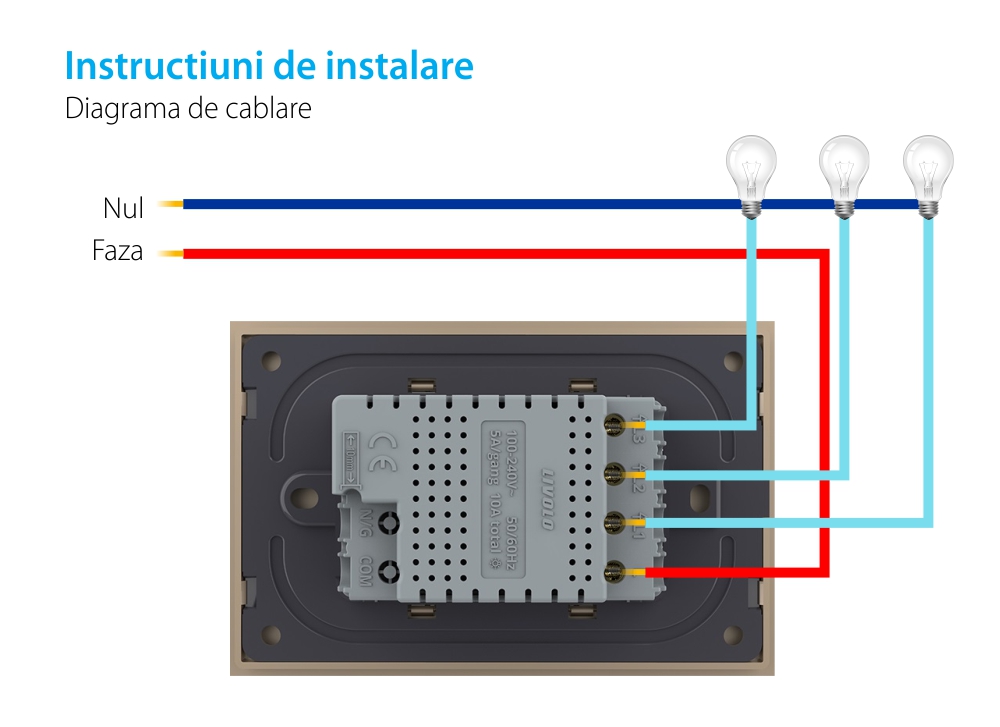 Intrerupator triplu cu touch Livolo cu rama din sticla, standard Italian – Serie noua