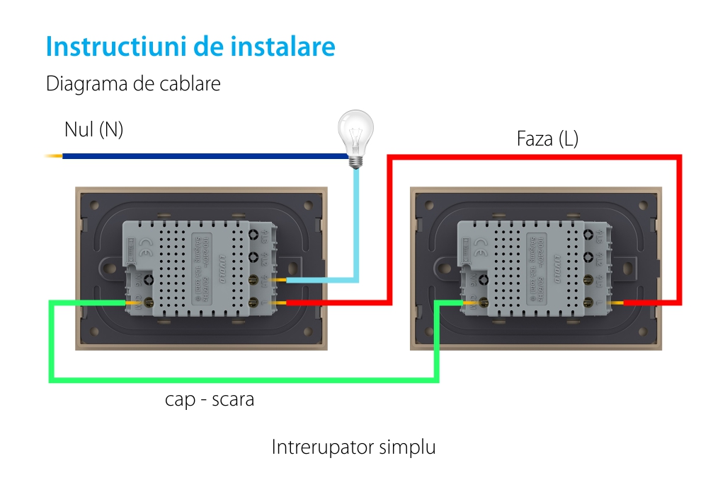 Intrerupator simplu cap scara / cap cruce cu touch Livolo cu rama din sticla, standard Italian – Serie noua