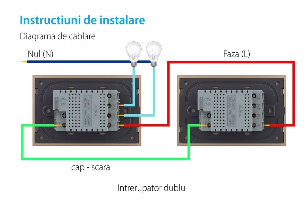 Intrerupator dublu cap scara / cap cruce cu touch Livolo cu rama din sticla, standard Italian – Serie noua