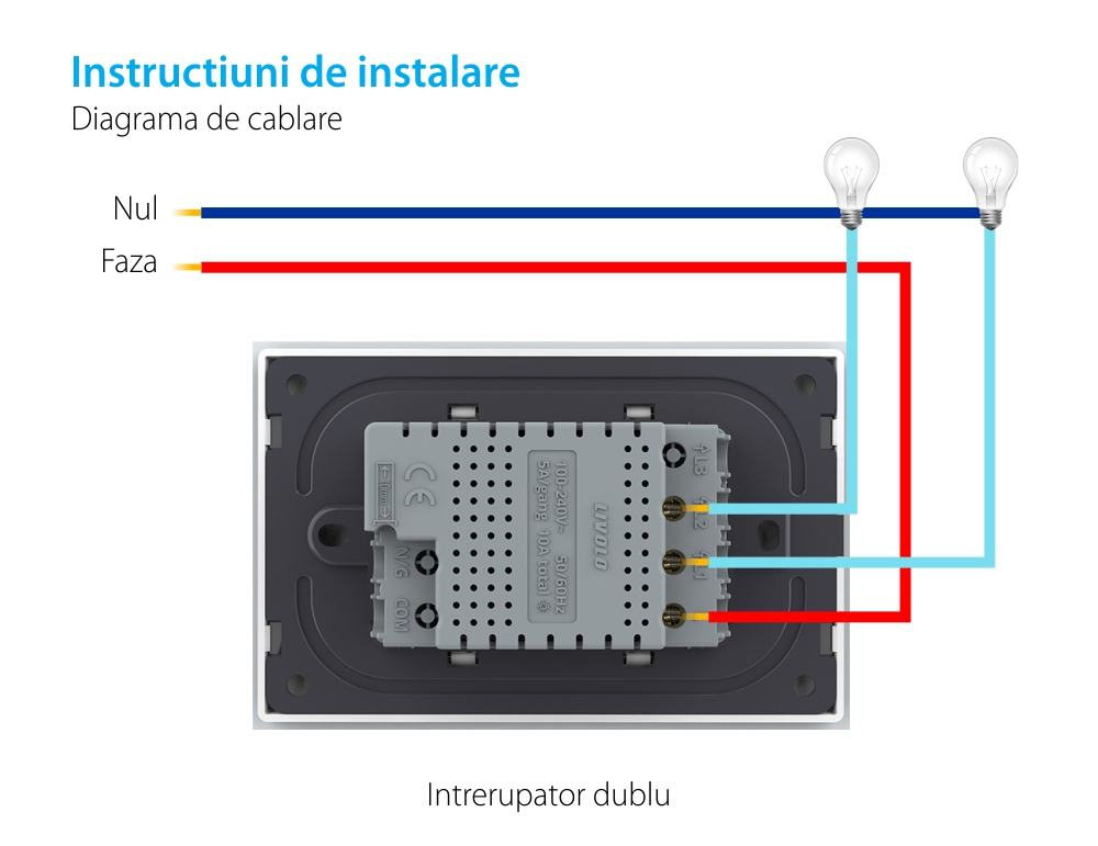 Intrerupator dublu wireless cu touch Livolo cu rama din sticla, standard Italian – Serie noua