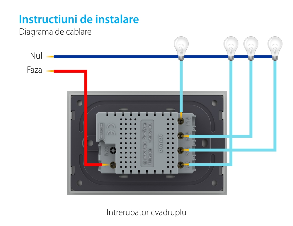 Intrerupator cvadruplu wireless cu touch Livolo cu rama din sticla, standard Italian – Serie noua