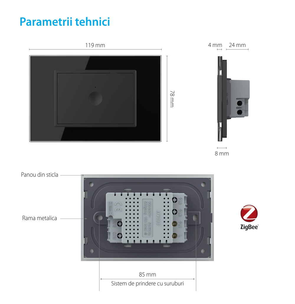 Intrerupator simplu cu touch Livolo cu rama din sticla, protocol ZigBee, standard Italian – Serie noua