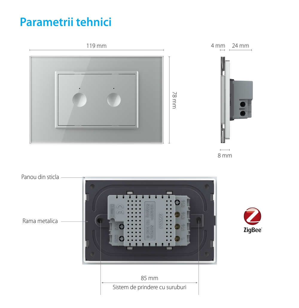 Intrerupator dublu cu touch Livolo cu rama din sticla, protocol ZigBee, standard Italian – Serie noua