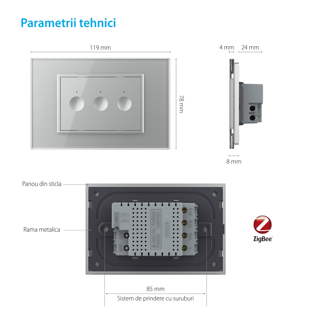 Intrerupator triplu cu touch Livolo cu rama din sticla, protocol ZigBee, standard Italian – Serie noua