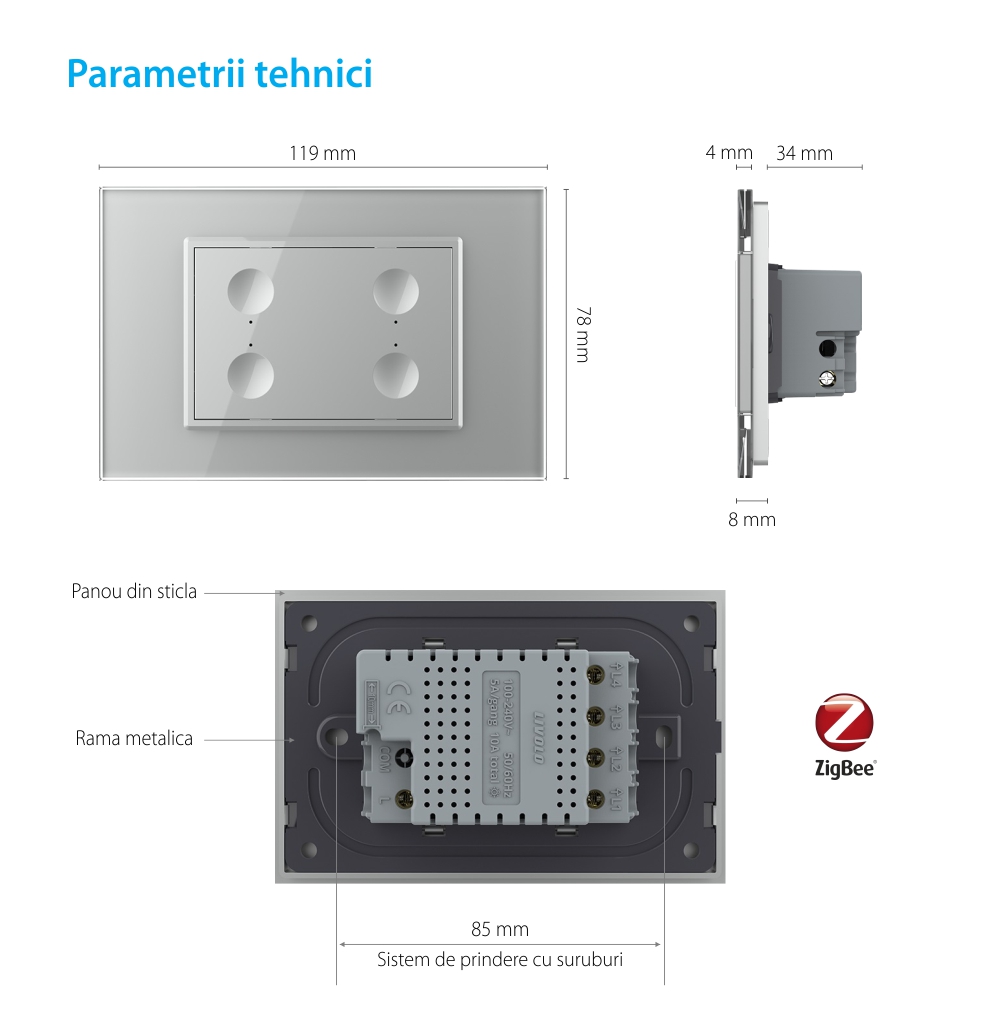 Intrerupator cvadruplu cu touch Livolo cu rama din sticla, protocol ZigBee, standard Italian – Serie noua