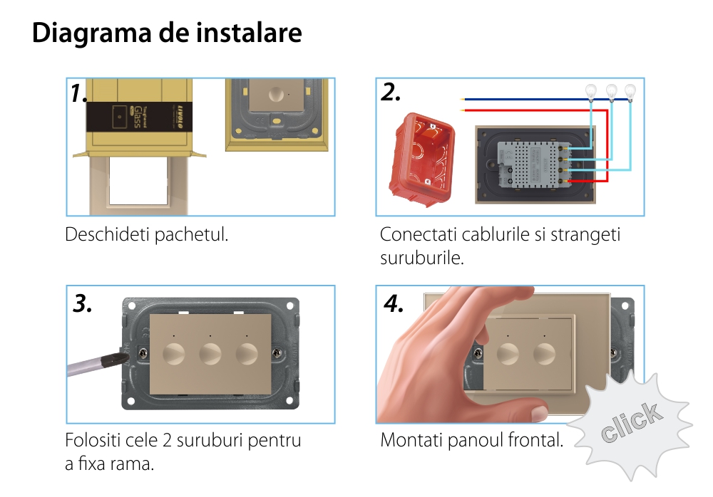 Intrerupator triplu cu touch Livolo cu rama din sticla, standard Italian – Serie noua