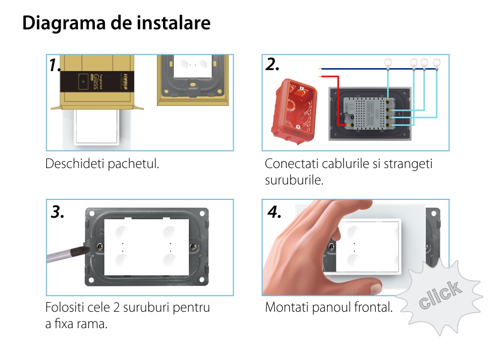 Intrerupator cvadruplu cu touch Livolo cu rama din sticla, standard Italian – Serie noua