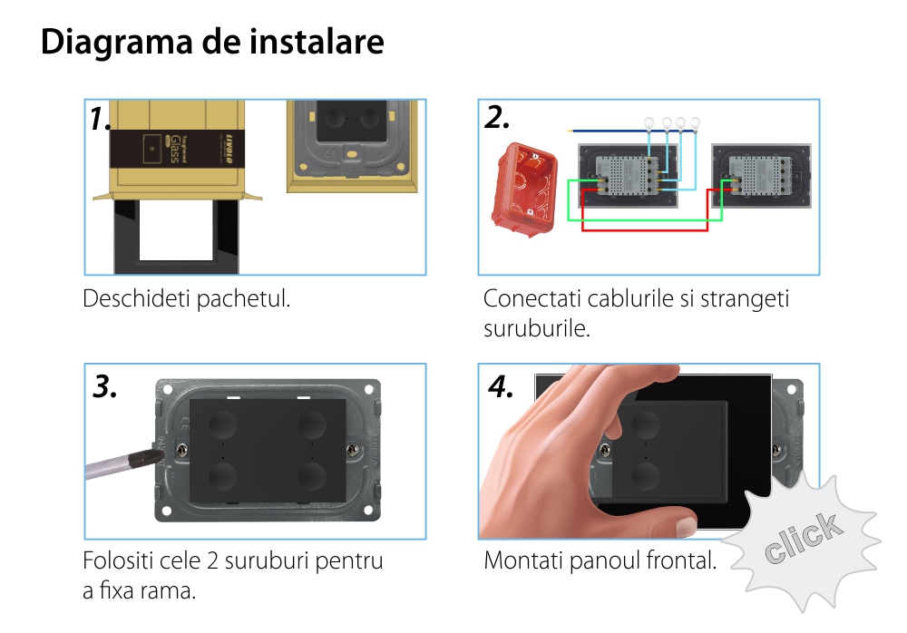 Intrerupator cvadruplu cap scara / cap cruce cu touch Livolo cu rama din sticla, standard Italian – Serie noua