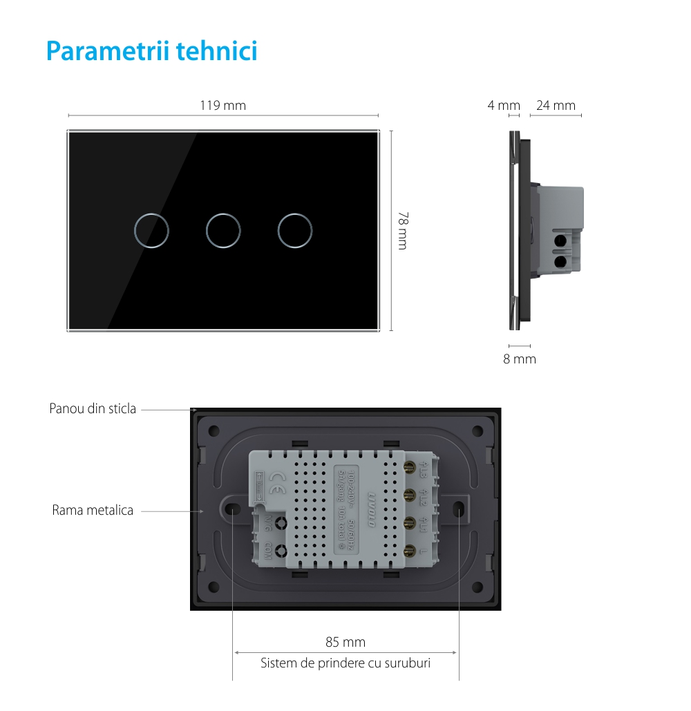 Intrerupator triplu cu touch Livolo din sticla, standard Italian, protocol ZigBee – Serie noua