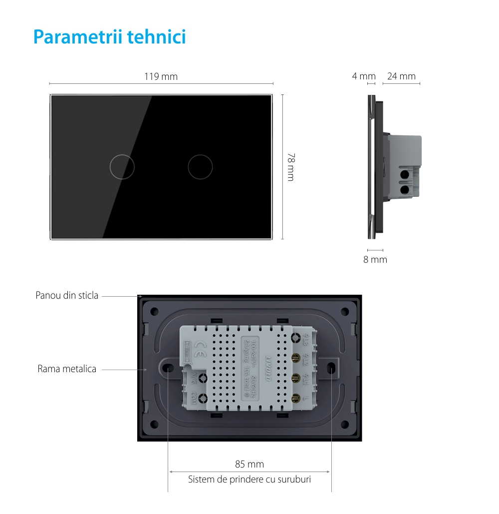 Intrerupator cu variator dublu cu touch Livolo din sticla, standard Italian, protocol ZigBee – Serie noua