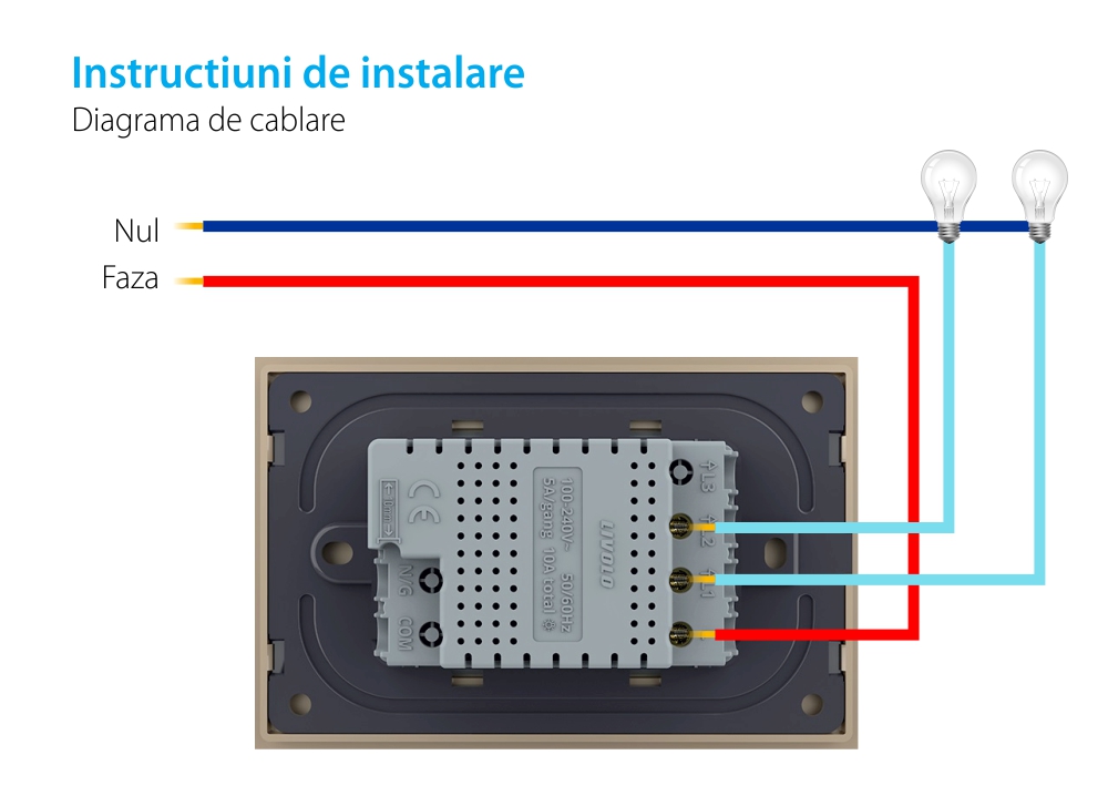 Intrerupator dublu cu touch Livolo din sticla, standard Italian, protocol ZigBee – Serie noua