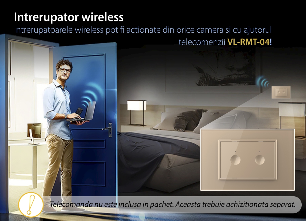 Intrerupator dublu wireless cu touch Livolo cu rama din sticla, standard Italian – Serie noua