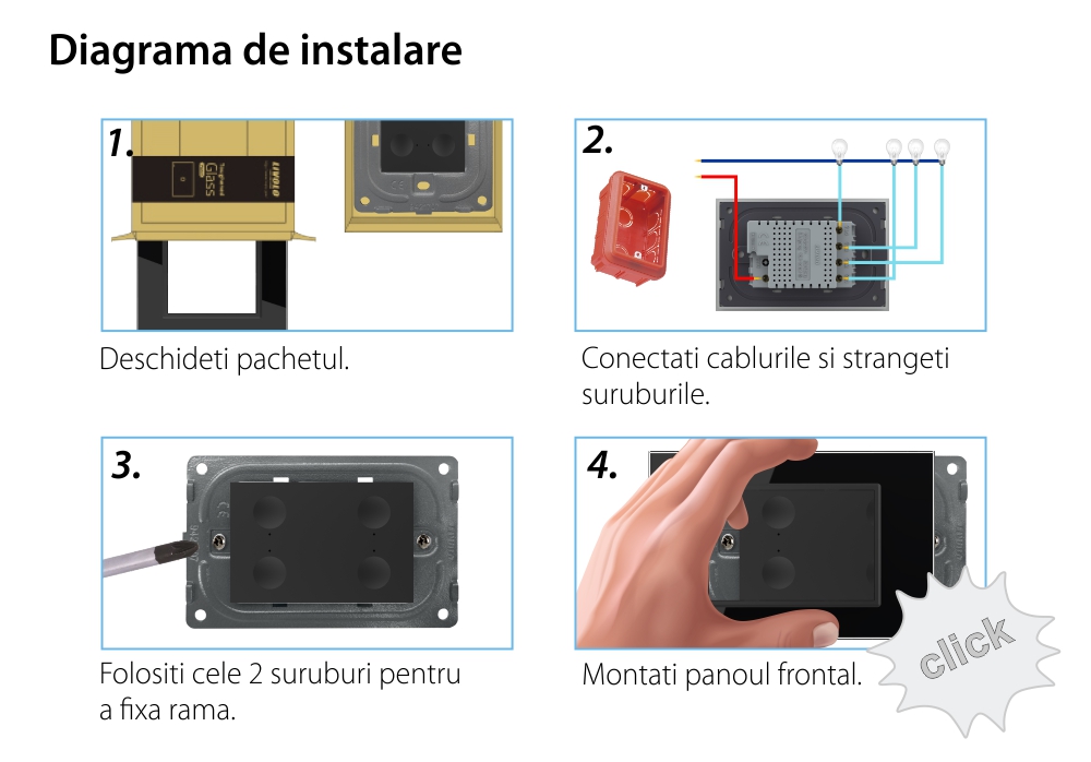 Intrerupator cvadruplu wireless cu touch Livolo cu rama din sticla, standard Italian – Serie noua