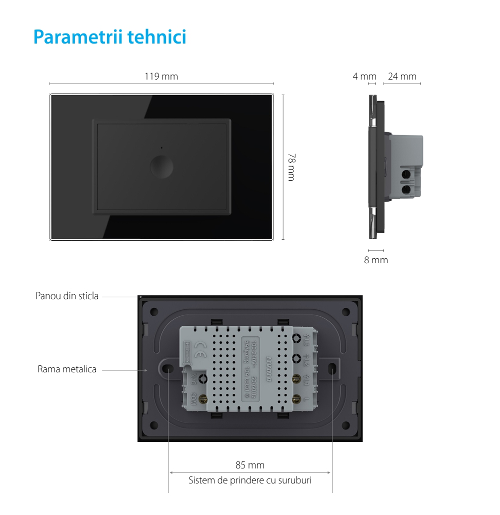 Intrerupator simplu cap scara / cap cruce cu touch Livolo cu rama din sticla, standard Italian, protocol ZigBee – Serie noua