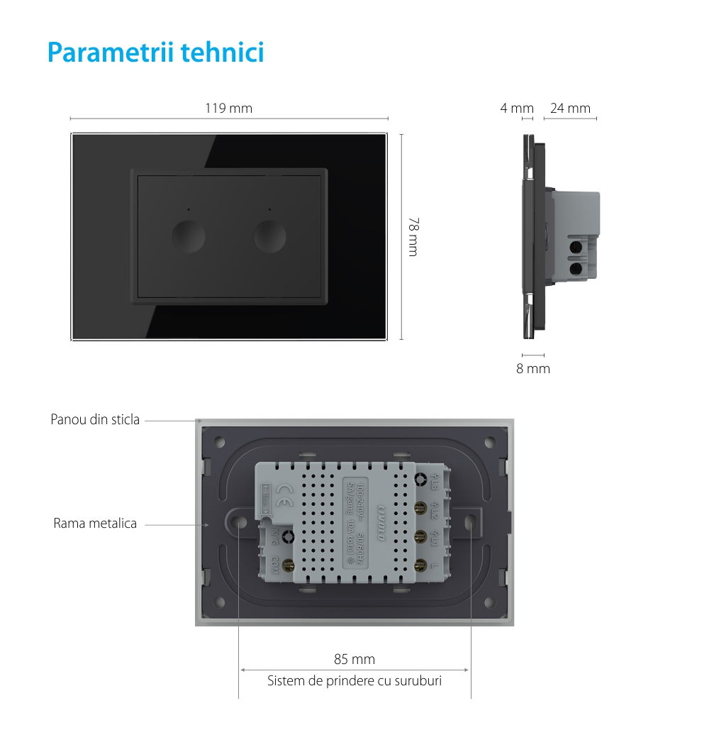 Intrerupator dublu cap scara / cap cruce cu touch Livolo cu rama din sticla, standard Italian, protocol ZigBee – Serie noua