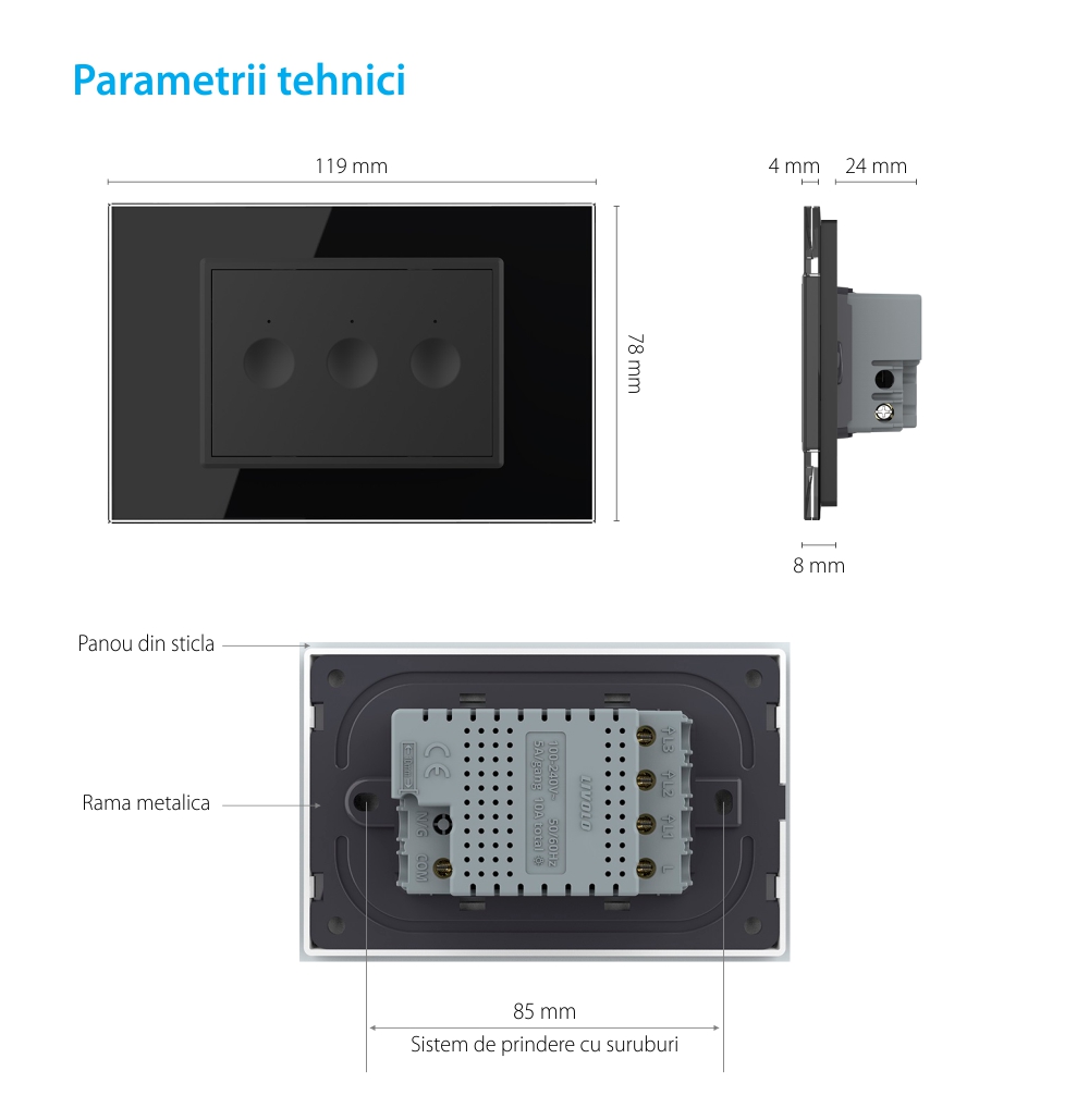 Intrerupator triplu cap scara / cap cruce cu touch Livolo cu rama din sticla, standard Italian, protocol ZigBee – Serie noua