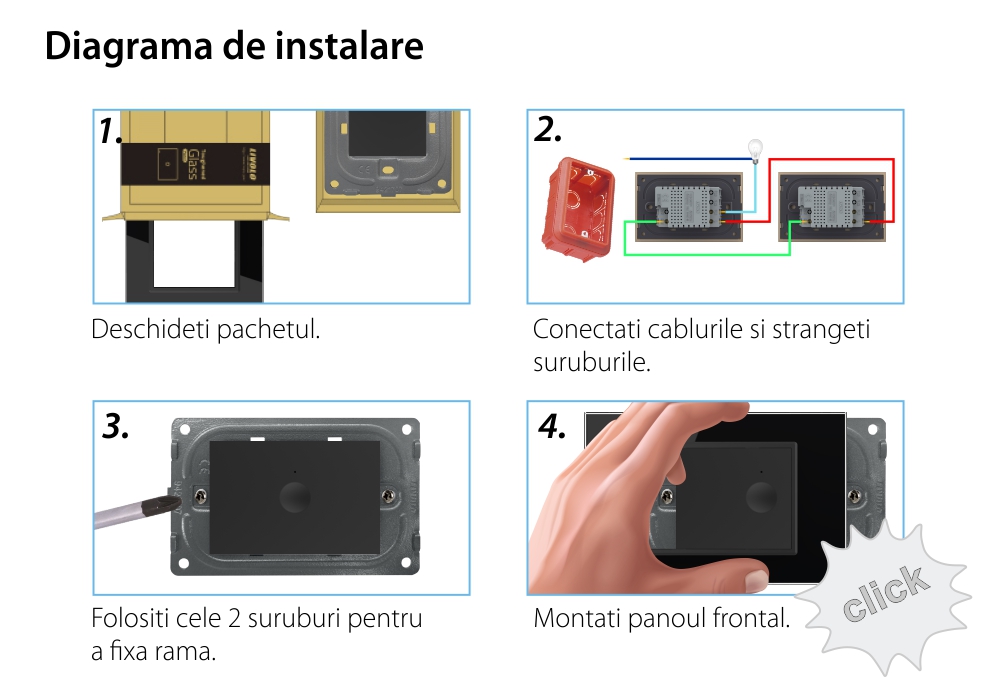 Intrerupator simplu cap scara / cap cruce wireless cu touch Livolo cu rama din sticla, standard Italian – Serie noua