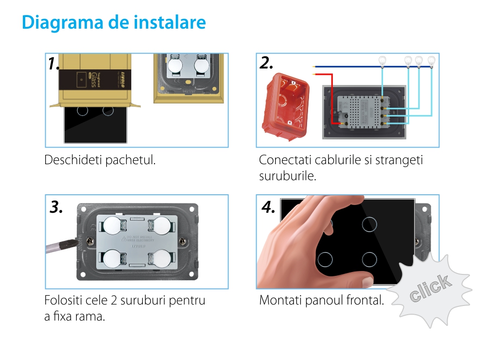 Intrerupator cvadruplu cu touch Livolo din sticla, standard Italian, protocol ZigBee – Serie noua