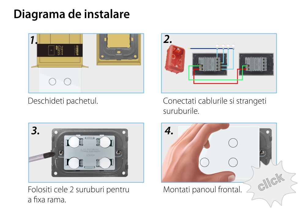 Intrerupator cvadruplu cap scara / cap cruce cu touch Livolo din sticla, standard Italian, protocol ZigBee – Serie noua