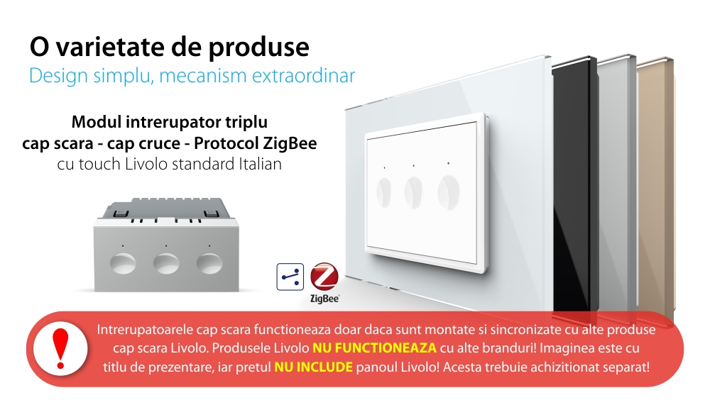 Modul intrerupator triplu cap scara / cap cruce cu touch Livolo, protocol ZigBee, standard Italian, Serie noua