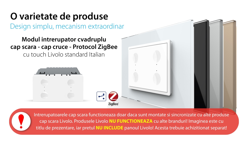 Modul intrerupator cvadruplu cap scara / cap cruce cu touch Livolo, protocol ZigBee, standard Italian, Serie noua