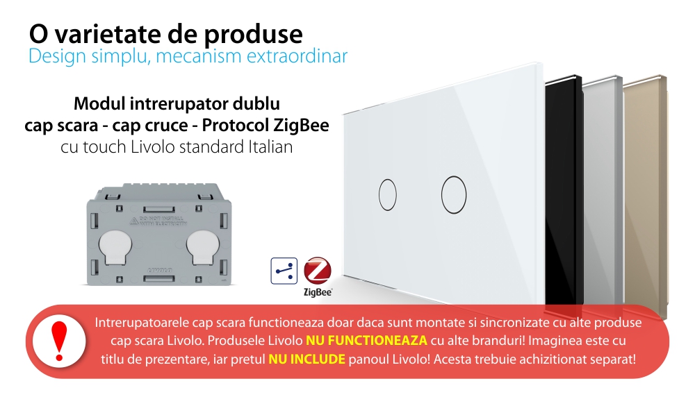 Modul intrerupator dublu cap scara / cruce cu touch Livolo, protocol ZigBee, standard Italian