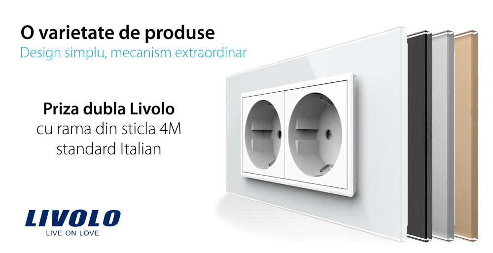 Priza dubla Livolo cu rama din sticla 4M, standard Italian, Serie noua