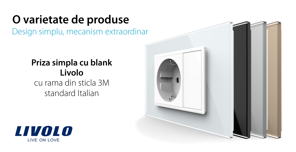 Priza simpla cu blank Livolo cu rama din sticla 3M, standard Italian, Serie noua