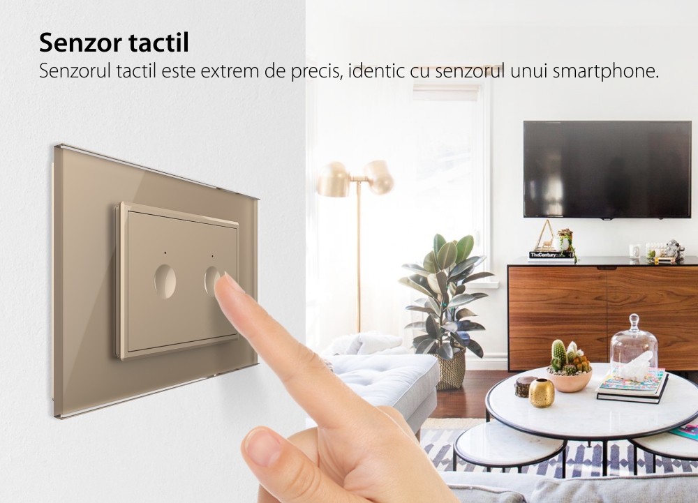 Intrerupator cu variator dublu cu touch Livolo cu rama din sticla, standard Italian, protocol ZigBee – Serie noua