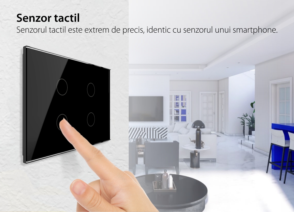 Intrerupator cvadruplu cap scara / cruce cu touch Livolo din sticla, standard Italian – Serie noua