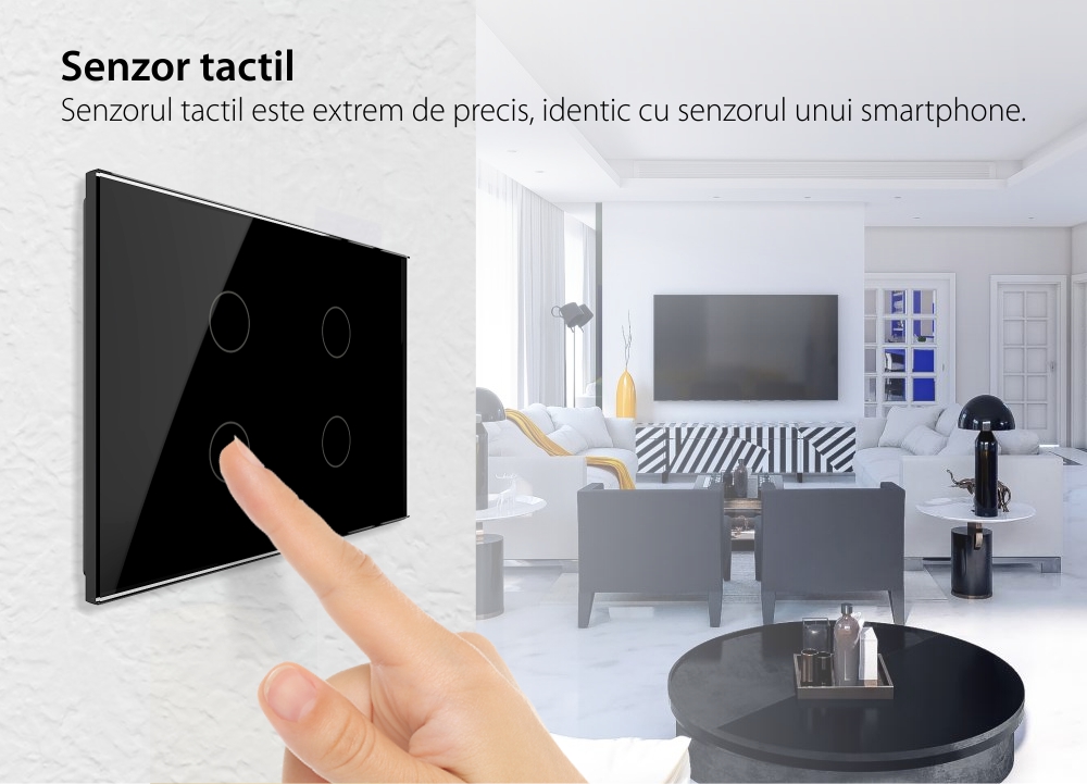 Intrerupator cvadruplu cap scara / cruce wireless cu touch Livolo din sticla, standard Italian – Serie noua