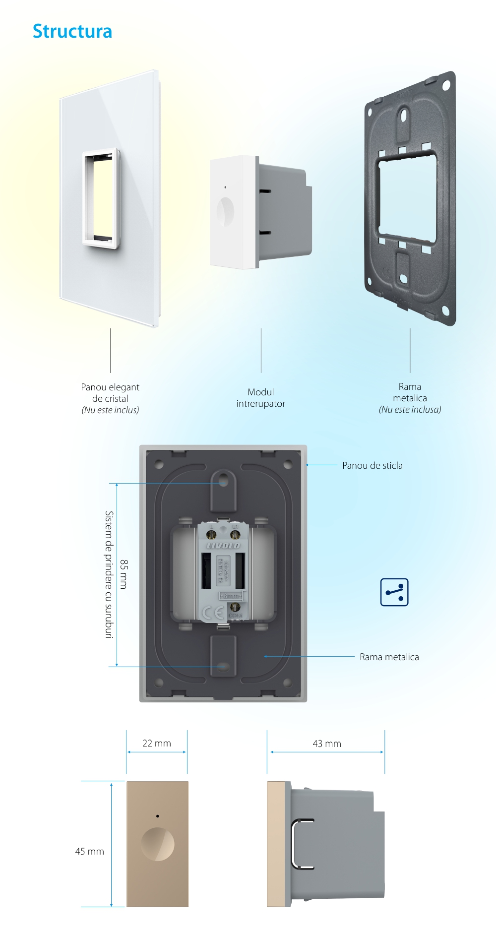 Modul intrerupator simplu cap scara / cruce cu touch Livolo 1M standard Italian, Serie noua