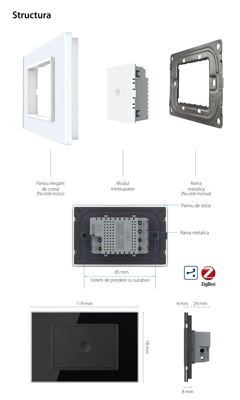 Modul intrerupator simplu cap scara / cruce cu touch Livolo, standard Italian, protocol ZigBee, Serie noua