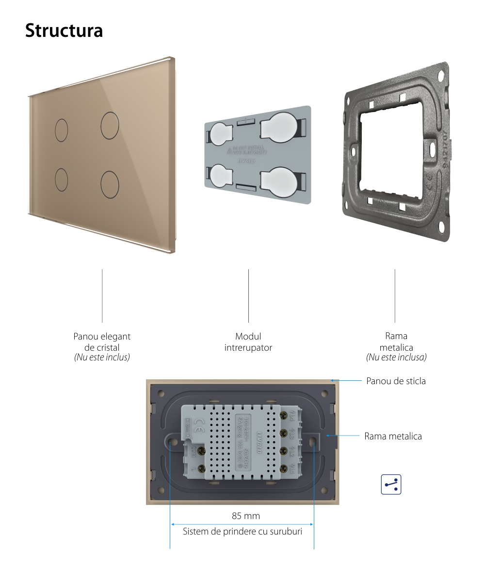 Modul intrerupator cvadruplu cap scara / cruce cu touch Livolo, standard Italian