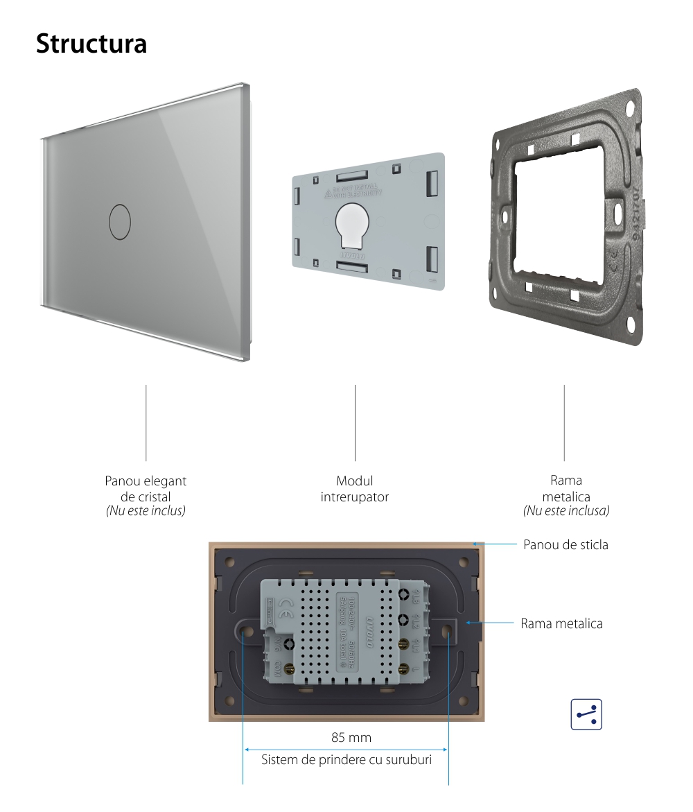 Modul intrerupator simplu cap scara / cruce cu touch Livolo, standard Italian