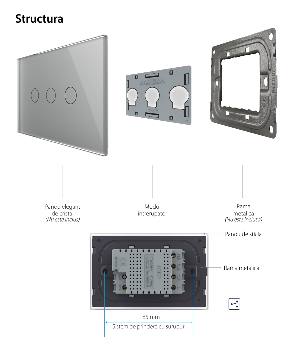 Modul intrerupator triplu cap scara / cruce cu touch Livolo standard Italian