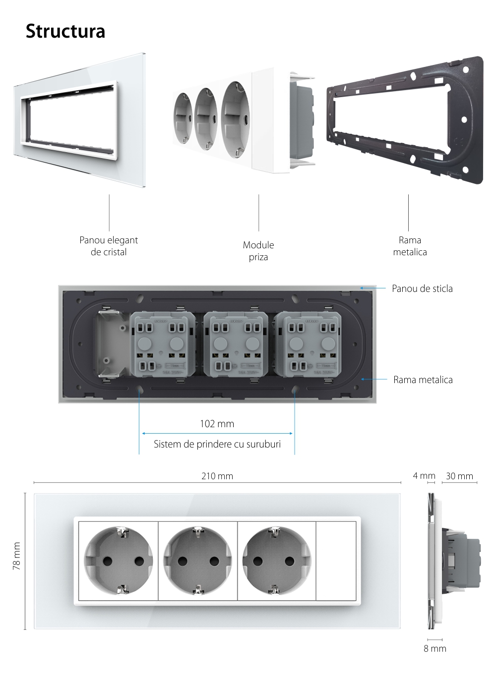 Priza tripla cu blank Livolo cu rama din sticla 6/7 module – standard Italian