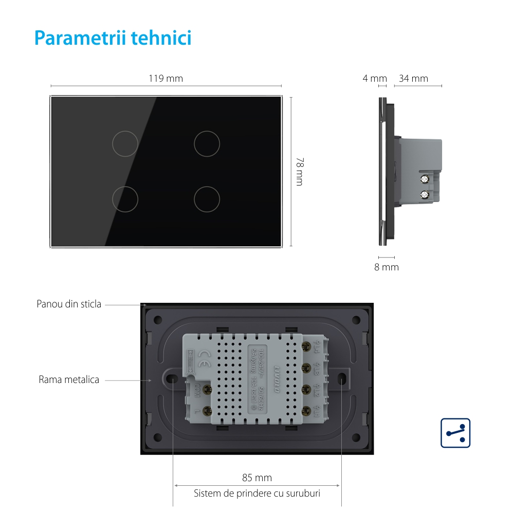 Intrerupator cvadruplu cap scara / cruce cu touch Livolo din sticla, standard Italian – Serie noua