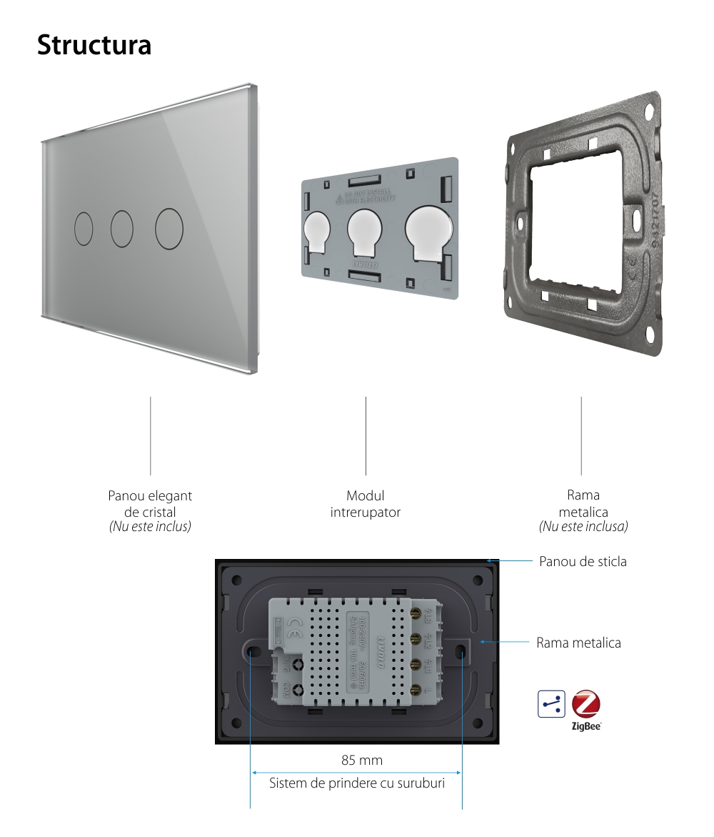 Modul intrerupator triplu cap scara / cruce cu touch Livolo, protocol ZigBee, standard Italian