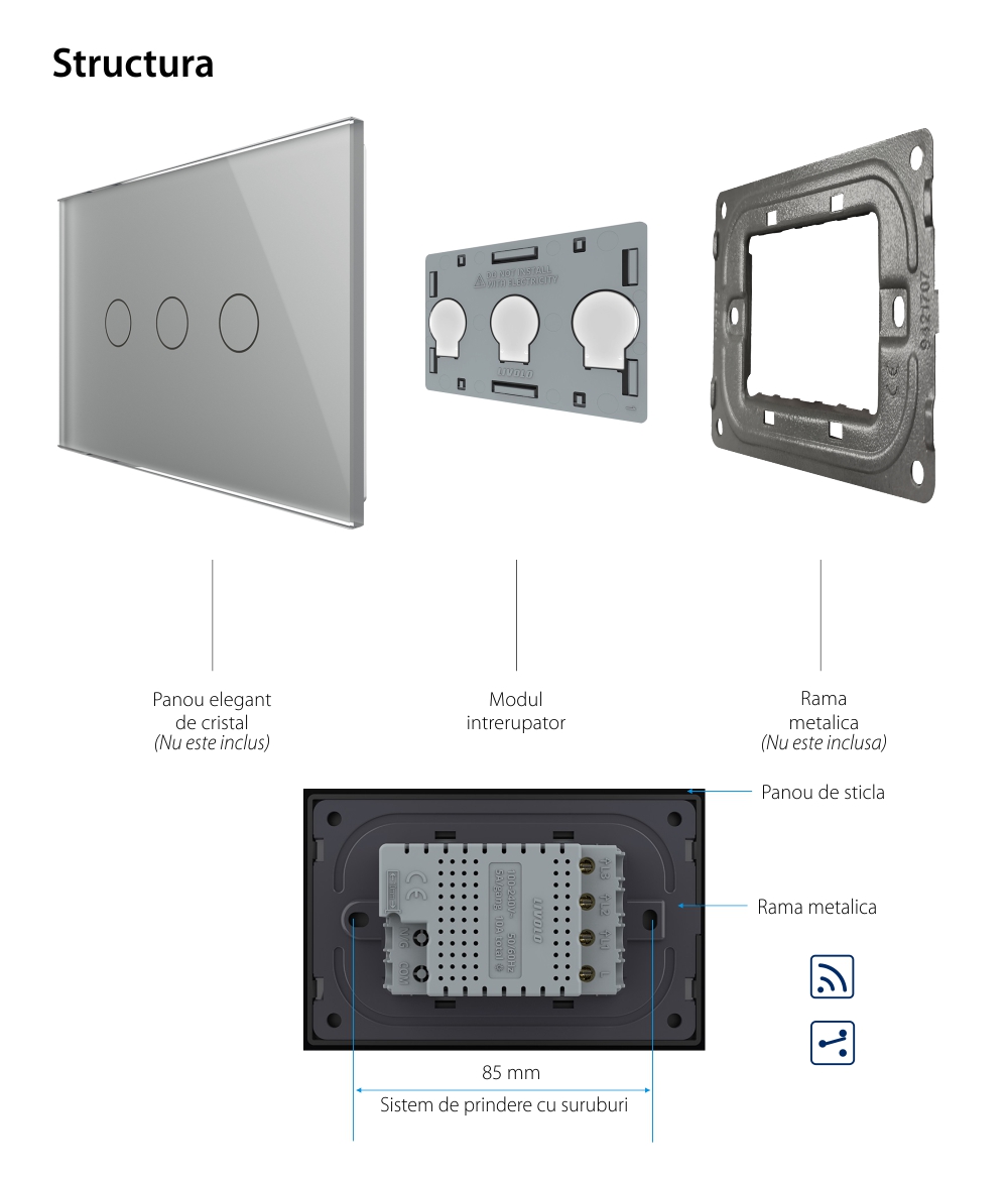 Modul intrerupator triplu cap scara / cruce wireless cu touch Livolo, standard Italian