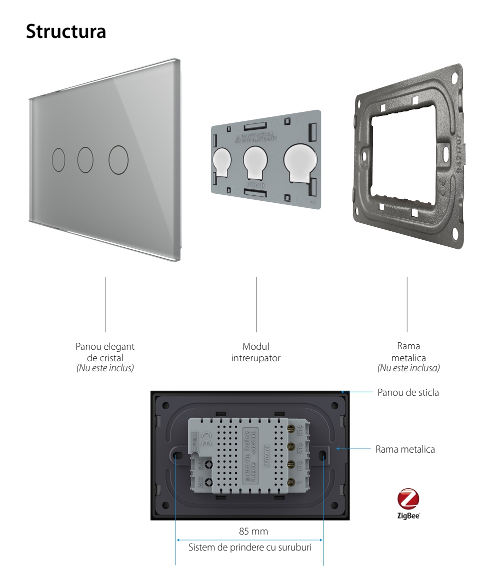 Modul intrerupator triplu cu touch Livolo, protocol ZigBee, standard Italian