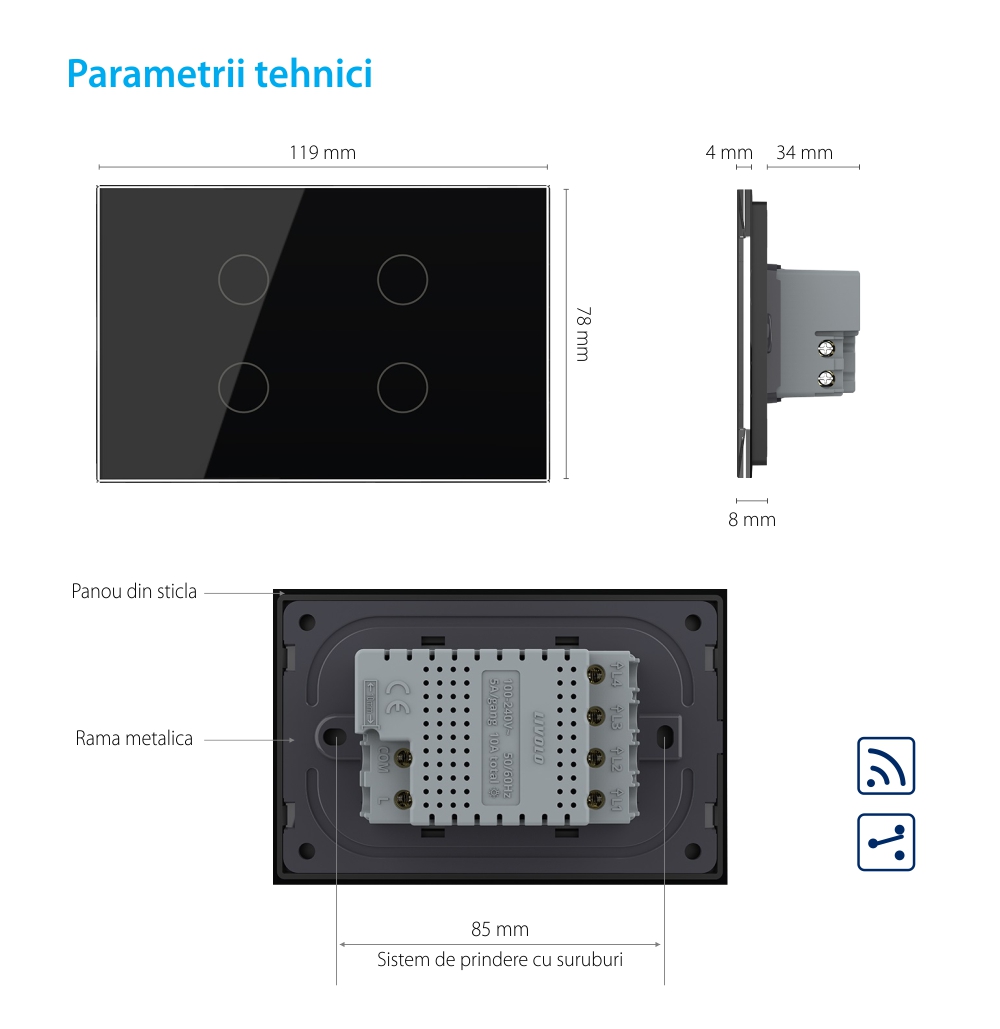 Intrerupator cvadruplu cap scara / cruce wireless cu touch Livolo din sticla, standard Italian – Serie noua